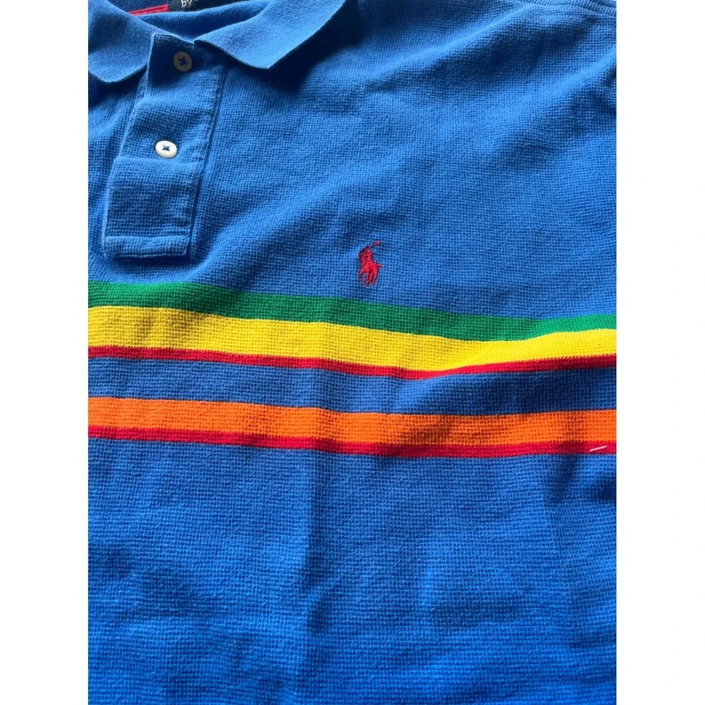 Polo Ralph Lauren Mens Blue Rainbow Multi Stripe Cotton Pique Polo Shirt Large